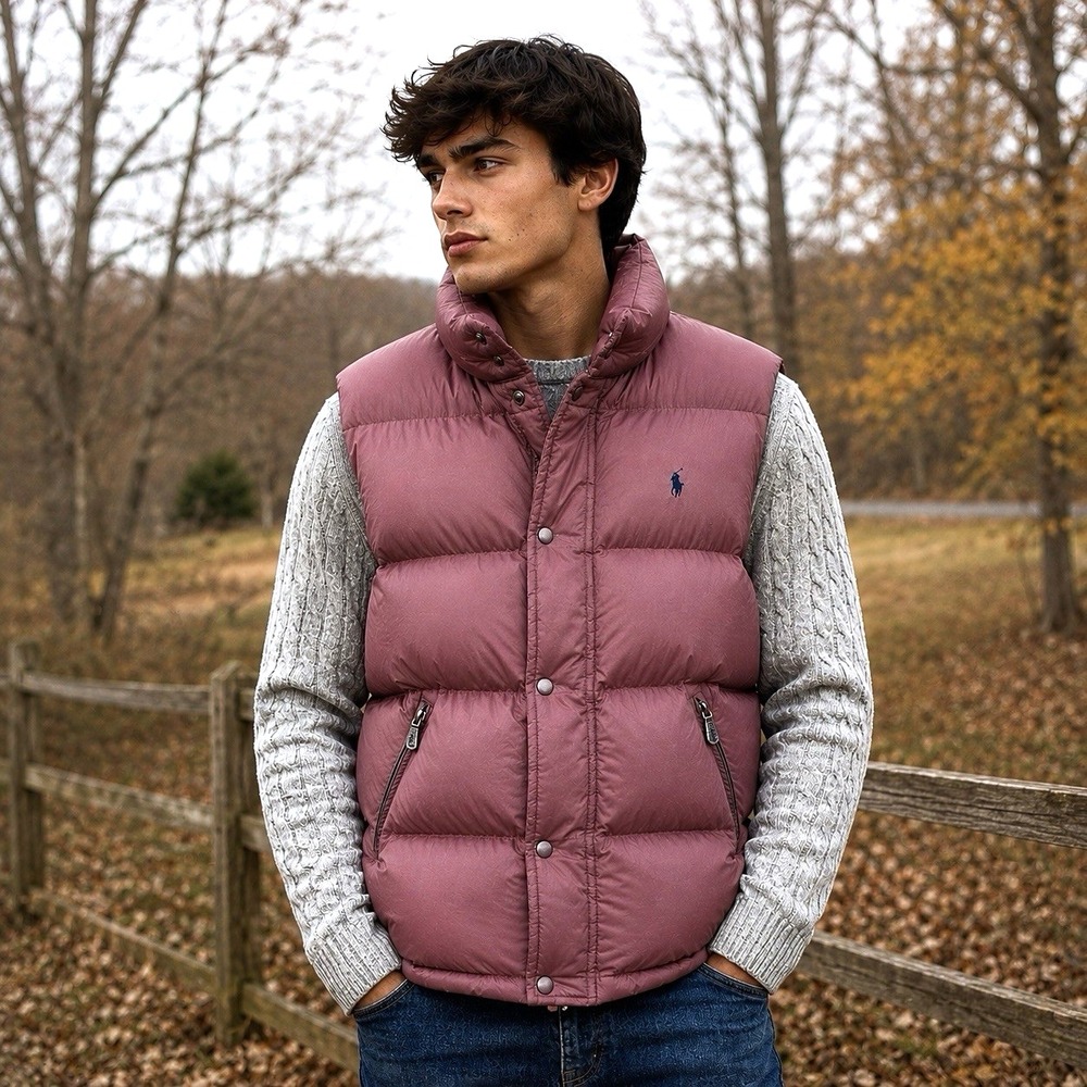 Polo Ralph Lauren Men's Large Down Puffer Vest Plum Hood Full Zip Full Snap